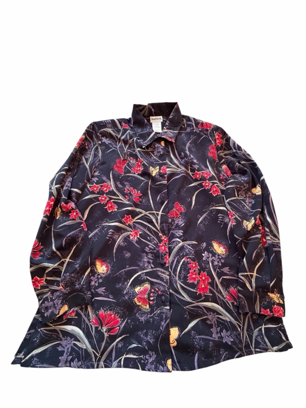 Vintage Bonworth Black Silky Button up Blouse-Flowers,Plants,Butterflies-Medium